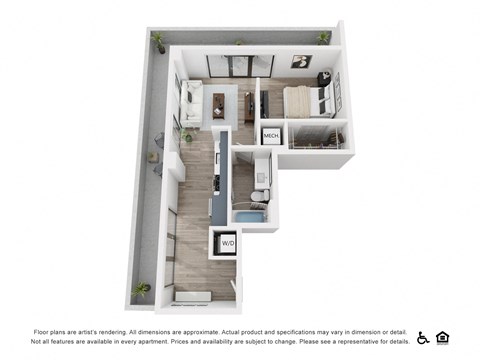 a furnished floor plan of a 1 bedroom apartment at the residences at silver hill in suitland